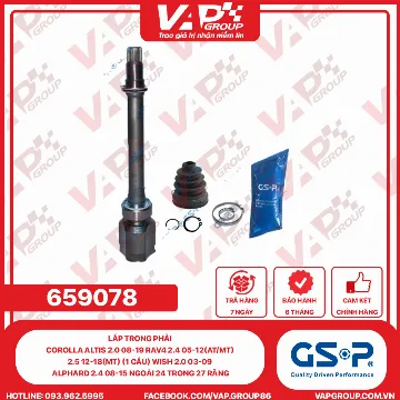 GSP LÁP trong phải Corolla Altis 2.0 08-19 RAV4 2.4 05-12(AT/MT) 2.5 12-18(MT) (1 cầu) Wish 2.0 03-09 Alphard 2.4 08-15 Ngoài 24 trong 27 răng