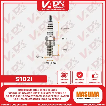 Bugi Iridium Chân 16 Ren 12 Ngắn Vios 02-08, Deawoo Matiz , Chevrolet Spark 0.8 98-10 / 1.0 10-15, New Ertiga 15-16, Swift 2013-, Laceti 1.6 01-03, Cruze Sedan 1.5 09-16, Aveo 1.4