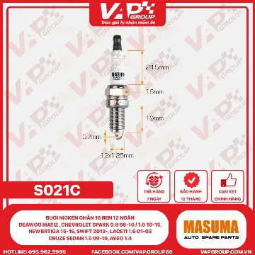 Bugi Nicken Chân 16 Ren 12 Ngắn Deawoo Matiz , Chevrolet Spark 0.8 98-10 / 1.0 10-15, New Ertiga 15-16, Swift 2013-, Laceti 1.6 01-03, Cruze Sedan 1.5 09-16, Aveo 1.4