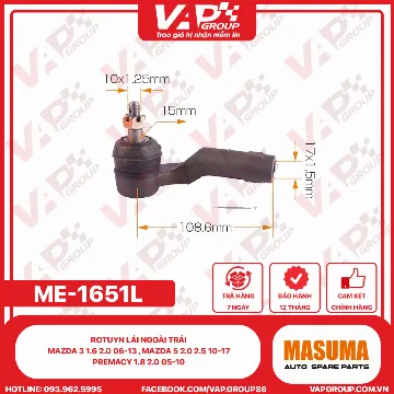 Rotuyn Lái Ngoài Trái Mazda 3 1.6 2.0 06-13 , Mazda 5 2.0 2.5 10-17 , Premacy 1.8 2.0 05-10