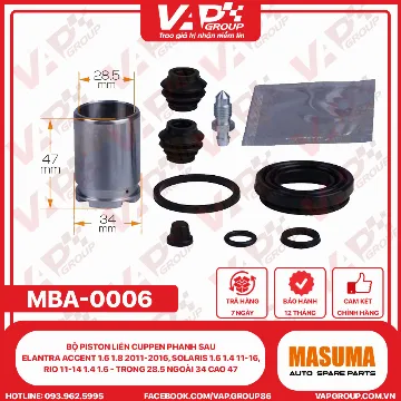 Bộ Piston Liền Cuppen Phanh Sau Elantra Accent 1.6 1.8 2011-2016, Solaris 1.6 1.4 11-16, Rio 11-14 1.4 1.6 - Trong 28.5 Ngoài 34 Cao 47