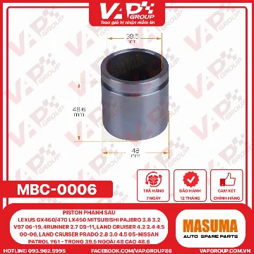 Piston Phanh Sau LEXUS Gx460/470 Lx450 MITSUBISHI Pajero 3.8 3.2 V97 06-19, 4Runner 2.7 09-11, Land Cruiser 4.2 2.4 4.5 00-06, Land Cruiser Prado 2.8 3.0 4.5 05-NISSAN PATROL Y61 - Trong 39.5 Ngoài 48 Cao 48.6