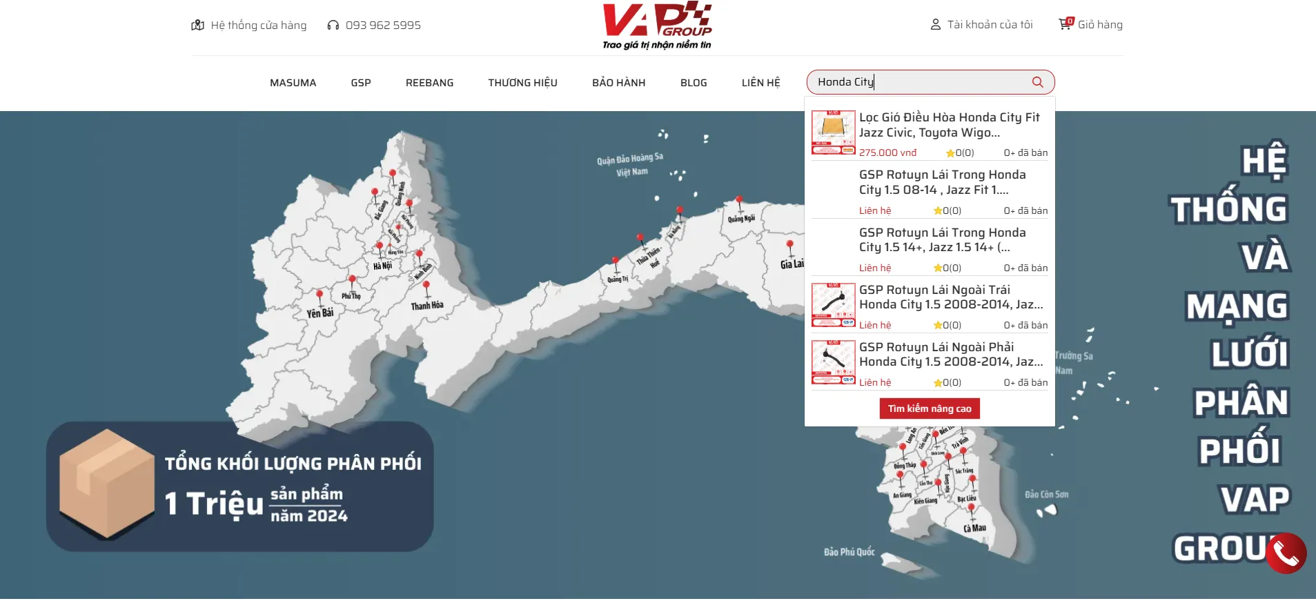 Nhập từ khóa "Honda City" trên thanh tìm kiếm phụ tùng của website VAPGroup